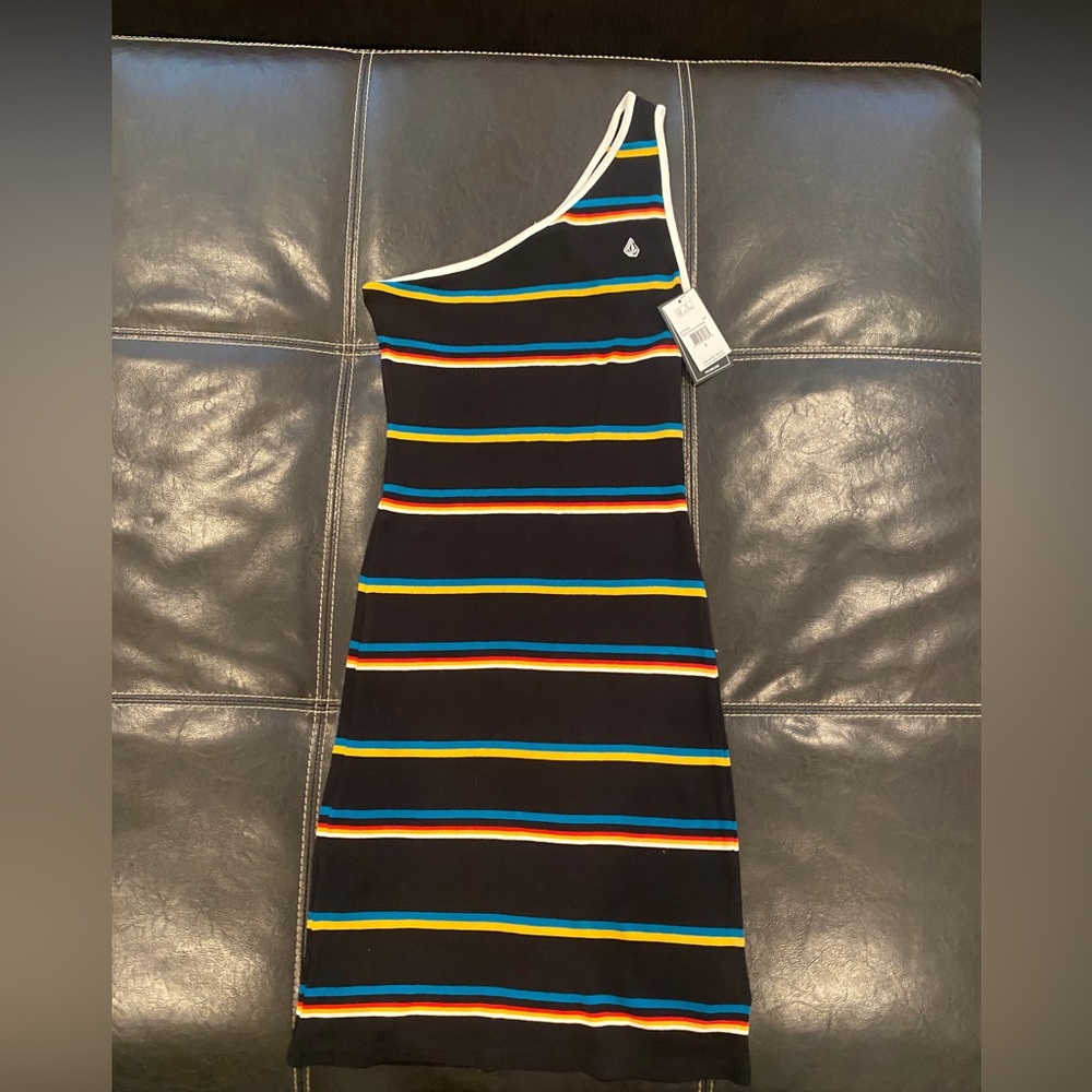Volcom One-Shoulder Black Dress with Multicolor Stripes